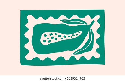 Stamp with papaya, hand drawn Amalfi coast summer doodle print. Beach, marine and Mediterranean vibes. Retro postcard clipart in coastal, naive, minimal design. Perfect for travel, fashion, and decor.