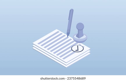 Stamp paper document and a pen.on blue background.3D design.isometric vector design Illustration.