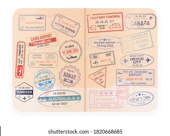 Stamp In Passport For Traveling An Open Passport. Document With Watermarks , Visas. International Arrival Visa Stamps Vector Mexico, Australia, Hong Kong, Canada,USA, New York, Hawaii, Paris, Hanover