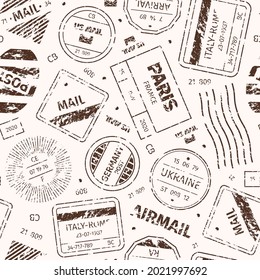 Stamp pattern. Postal templates travelling symbols round and square blank grunge stamp garish vector seamless background