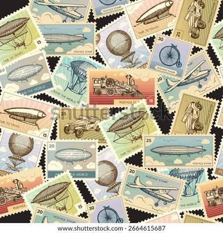 Stamp pattern. retro vehicles collection illustrations on postal stamps seamless background