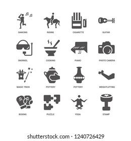Stamp, Photo camera, Piano, Boxing, Weightlifting, Dancing, Snorkel, Magic trick, Yoga, Puzzle, Cigarette icon 16 set EPS 10 vector format. Icons optimized for both large and small resolutions.