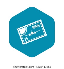 Stamp with plane and text Miami inside icon in simple style isolated on white background