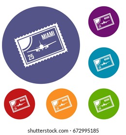 Stamp with plane and text Miami inside icons set in flat circle reb, blue and green color for web