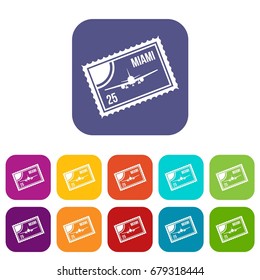 Stamp with plane and text Miami inside icons set vector illustration in flat style In colors red, blue, green and other