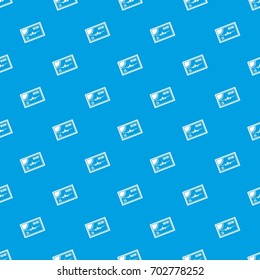 Stamp with plane and text Miami inside pattern repeat seamless in blue color for any design. Vector geometric illustration