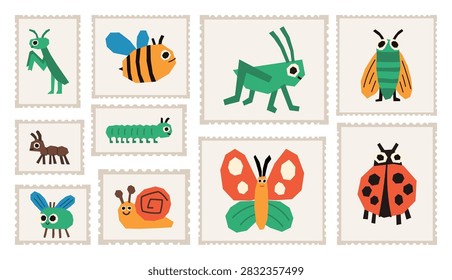 Stamp postage frame with insect border and scallop perforated edge for a postcard ticket design. This postal bug butterfly ladybug bee grasshopper snail caterpillar beetle fly composition features.