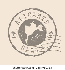 Stamp Postal of Alicante is city of Spain. Map Silhouette rubber Seal.  Design Retro Travel. Seal of Map Alicante grunge  for your web site design, logo, app, UI. Spain. EPS10