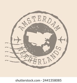 Stamp Postal of Amsterdam. Map Silhouette rubber Seal.  Design Retro Travel. Seal  Map of Amsterdam is capital of Netherlands grunge  for your design.  EPS10