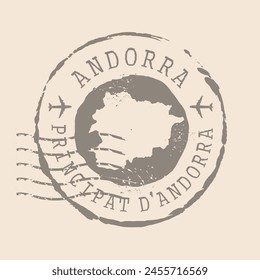 Stamp Postal  Andorra. Map Silhouette rubber Seal.  Design Retro Travel. Seal of Map Andorra grunge  for your web site design, logo, app, UI. EPS10