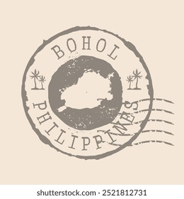 Briefmarkenpost von Bohol Island. Landkarte Silhouette Gummidichtung.  Design Retro Travel. Seal of Bohol Insel Grunge für Ihr Design. Philippinen. EPS10