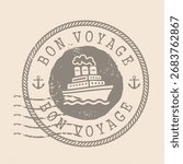 Stamp Postal Bon voyage. Retro ship Silhouette rubber Seal.  Design Retro Travel. Seal  Bon voyage  grunge  for your design.  EPS10