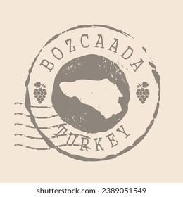 Sello postal de la isla Bozcaada. Sello de goma de silueta de mapa.  Design Retro Travel. Mapa de focas de la isla de Bozcaada para su diseño. Turquía. EPS10
