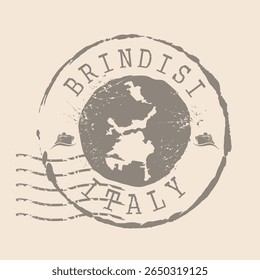 Carimbo Postal de Brindisi é a cidade da Itália. Mapa Silhueta borracha selo.  Design - Viagens Retro. Mapa de selo de Brindisi grunge para o seu design. Itália. EPS10