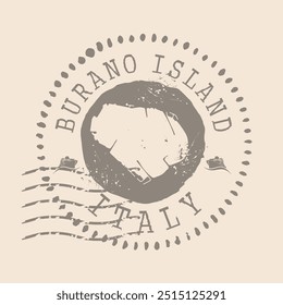 Briefmarkenpost von Burano. Landkarte Silhouette Gummidichtung.  Design Retro Travel. Seal Map Burano Insel Italien grunge für Ihr Design.  EPS10