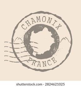 Stamp Postal of Chamonix. Map Silhouette rubber Seal.  Design Retro Travel. Seal  Map of Chamonix is commune of  France grunge  for your design.  EPS10