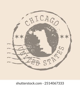 Carimbo Postal de Chicago. Mapa Silhueta borracha selo.  Design - Viagens Retro. Mapa de selo de Chicago grunge para o seu design. Estados Unidos.  EPS10