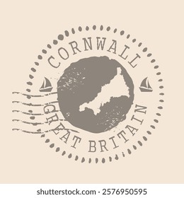 Stamp Postal of  Cornwall of  United Kingdom. Map Silhouette rubber Seal.  Design Retro Travel. Seal of Map Cornwall grunge  for your design.  EPS10