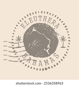 Briefmarken Postal von Eleuthera Insel. Landkarte Silhouette Gummidichtung.  Design Retro Travel. Siegel der Karte Eleuthera grunge für Ihr Design. Die Bahamas. EPS10