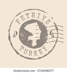 Sello Postal de Fethiye de Turquía. Mapa Sello de goma de silueta.  Diseño de Viajes Retro. Sello de Mapa Fethiye grunge para su diseño.  EPS10