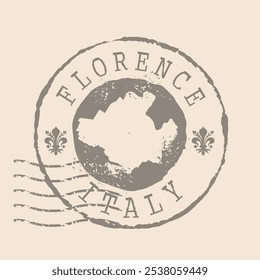 Briefmarkenpost von Florenz ist die Stadt von Italien. Landkarte Silhouette Gummidichtung.  Design Retro Travel. Seal Karte von Florenz grunge für Ihr Design. Italien. EPS10