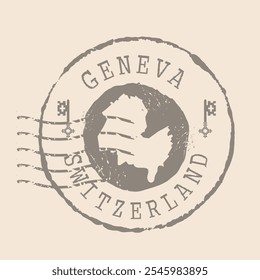 Die Briefmarkenpost von Genf ist die Stadt der Schweiz. Landkarte Silhouette Gummidichtung.  Design Retro Travel. Seal Map of Geneva grunge für Ihr Design. EPS10