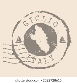 Carimbo postal da ilha Giglio. Mapa Silhueta borracha selo.  Design - Viagens Retro. Mapa de selo Giglio da Itália grunge para o seu design.  EPS10