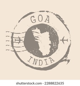 Sello postal de Goa. Sello de goma de silueta de mapa.  Design Retro Travel. Mapa de focas de Goa grunge para su diseño. India. EPS10