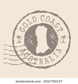 Stamp Postal of  Gold Coast is city of Australia. Map Silhouette rubber Seal.  Design Retro Travel. Seal of Map Gold Coast grunge  for your design.  EPS10