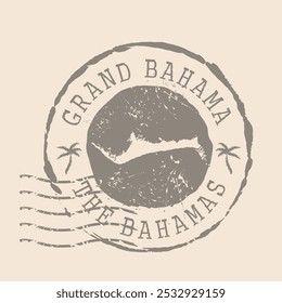 Briefmarkenpost von Grand Bahama Islands. Landkarte Silhouette Gummidichtung.  Design Retro Travel. Siegel der Karte Grand Bahama Grunge für Ihr Design. Die Bahamas. EPS10 