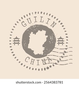 Stamp Postal of Guilin is city of China. Map Silhouette rubber Seal.  Design Retro Travel. Seal  Map of Guilin grunge  for your design. China. EPS10