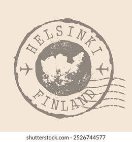 El sello postal de Helsinki es la capital de Finlandia. Mapa Sello de goma de silueta.  Diseño de Viajes Retro. Sello Mapa de Helsinki grunge para su diseño. EPS10