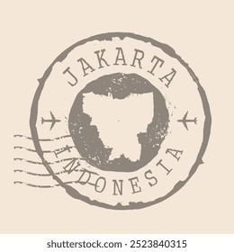 Postal de Selos de Jacarta é a capital da Indonésia. Mapa Silhueta borracha selo.  Design - Viagens Retro. Selo do mapa Jakarta grunge para o seu projeto. Indonésia. EPS10 