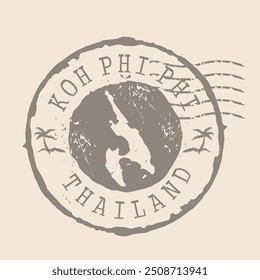 Carimbo Postal de Koh Phi Phi. Mapa Silhueta borracha selo.  Design - Viagens Retro. Mapa de selo Phi Phi Island grunge para o seu design.  Tailândia. EPS10