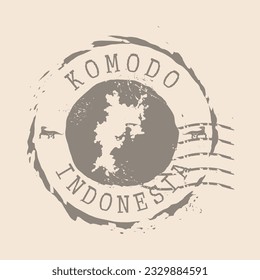 Stamp Postal of Komodo island. Map Silhouette rubber Seal.  Design Retro Travel. Seal of Map Komodo  grunge  for your design. Indonesia. EPS10