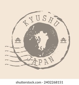 Stamp Postal of Kyushu. Map Silhouette rubber Seal.  Design Retro Travel. Seal  Map Kyushu of Japan grunge  for your design.  EPS10