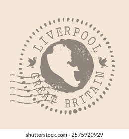 Stamp Postal of  Liverpool is the city of  United Kingdom. Map Silhouette rubber Seal.  Design Retro Travel. Seal of Map Liverpool grunge  for your design.  EPS10