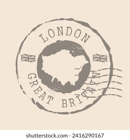 Stamp Postal of  London is the capital of  United Kingdom. Map Silhouette rubber Seal.  Design Retro Travel. Seal of Map London grunge  for your design.  EPS10