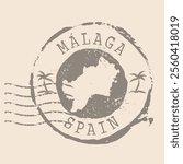 Stamp Postal of  Malaga is city of Spain. Map Silhouette rubber Seal.  Design Retro Travel. Seal of Map Malaga  grunge  for your web site design, logo, app, UI. Spain. EPS10