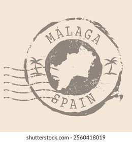 Stamp Postal of  Malaga is city of Spain. Map Silhouette rubber Seal.  Design Retro Travel. Seal of Map Malaga  grunge  for your web site design, logo, app, UI. Spain. EPS10