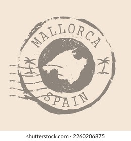 Sello postal de Mallorca. Sello de goma de silueta de mapa.  Design Retro Travel. Seal Map Mallorca de España grunge para su diseño.  EPS10