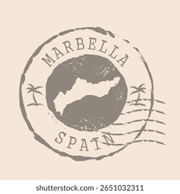 Carimbo Postal de Marbella é a cidade da Espanha. Mapa Silhueta borracha selo.  Design - Viagens Retro. Selo do Mapa Marbella grunge para o seu design de site, logotipo, aplicativo, UI. Espanha. EPS10