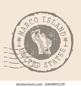 Sello postal de Isla Marco. Mapa Sello de caucho de silueta.  Diseño Retro Travel. Sello Mapa de Marco Island grunge para su diseño. Estados Unidos.  EPS10