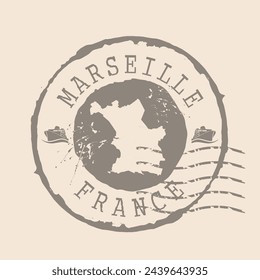 Sello Postal de Marsella. Mapa Sello de caucho de silueta.  Diseño Retro Travel. Seal Mapa de Marsella es la ciudad de Francia grunge para su diseño.  EPS10