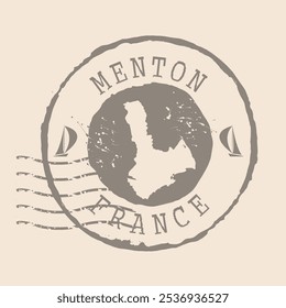 Briefmarkenpost von Menton. Landkarte Silhouette Gummidichtung.  Design Retro Travel. Seal Map of Menton ist eine Stadt in Frankreich für Ihr Design.  EPS10