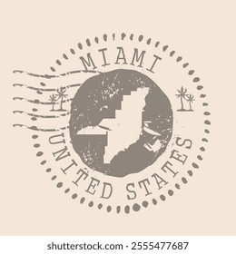 Stamp Postal of Miami is city of USA. Map Silhouette rubber Seal.  Design Retro Travel. Seal  Map of Miami grunge  for your design. United States.  EPS10