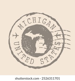 Carimbo Postal de Michigan. Mapa Silhueta borracha selo.  Design - Viagens Retro. Mapa de selo de Michigan grunge para o seu projeto. Estados Unidos.  EPS10