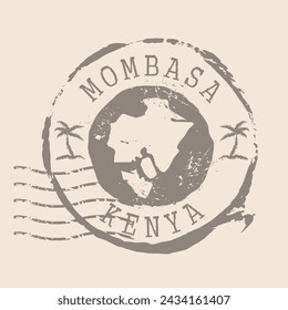 Stamp Postal of  Mombasa of Kenya. Map Silhouette rubber Seal.  Design Retro Travel. Seal  Map of  Mombasa grunge  for your web site design, app, UI.Republic of Kenya. EPS10