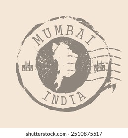 Carimbo Postal de Mumbai é a cidade da Índia. Mapa Silhueta borracha selo.  Design - Viagens Retro. Mapa do selo de Mumbai grunge para o seu design. Índia. EPS10