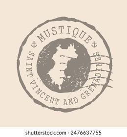 Stamp Postal of Mustique. Map Silhouette rubber Seal.  Design Retro Travel. Seal of Map  Mustique island grunge  for your design. Saint Vincent and the Grenadines. EPS10